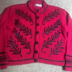 Amanda Smith STUNNING Red CARDIGAN Black Leaf Beaded Design Button Up LARGE